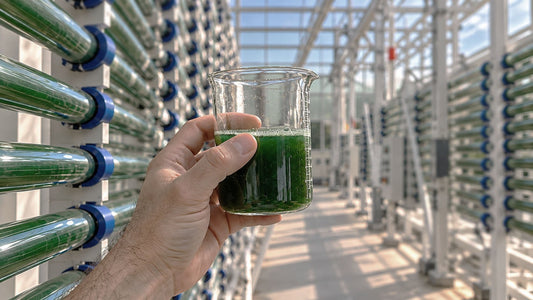 A beaker of green Spirulina culture inside a sunlit photobioreactor facility