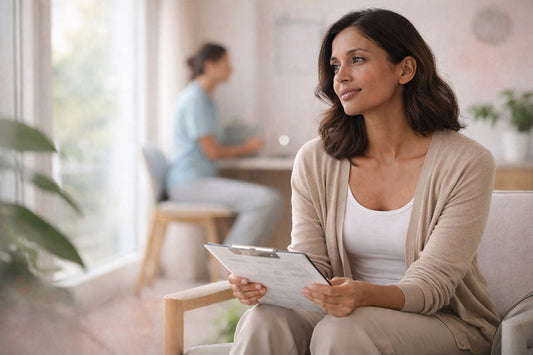 Calm woman in a bright UK clinic setting during a GP visit, representing ferritin blood testing and fatigue investigation.