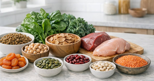 Iron-rich foods arranged on a kitchen table including lentils, beans, leafy greens, dried apricots, and lean protein