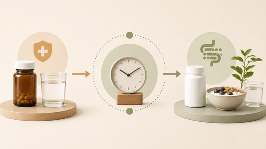 Diagram showing antibiotic timing water clock and probiotic food routine placed apart