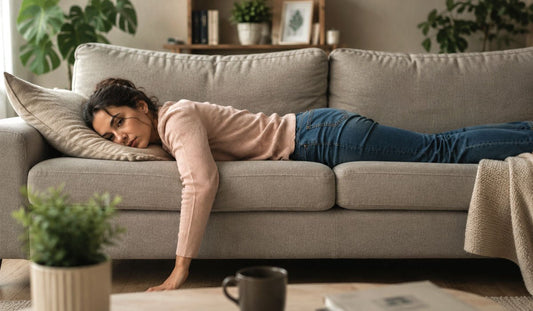 Woman lying tired on a sofa in a bright living room, representing common low ferritin symptoms such as fatigue, low energy, poor stamina, and reduced daily resilience.