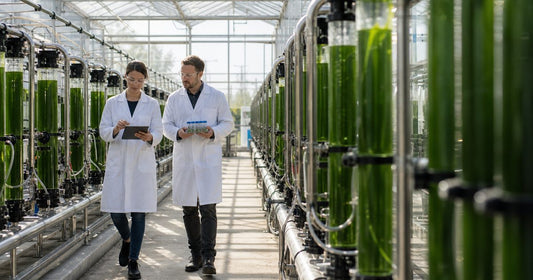Quality specialists inspecting controlled Spirulina photobioreactors inside a greenhouse facility