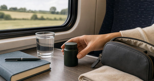 Travel lifestyle scene featuring plain Spirulina capsules as a portable supplement format