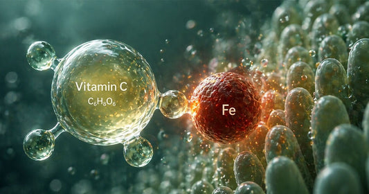 Vitamin C interacting with iron at the intestinal surface, illustrating how vitamin C supports non-heme iron absorption in the gut
