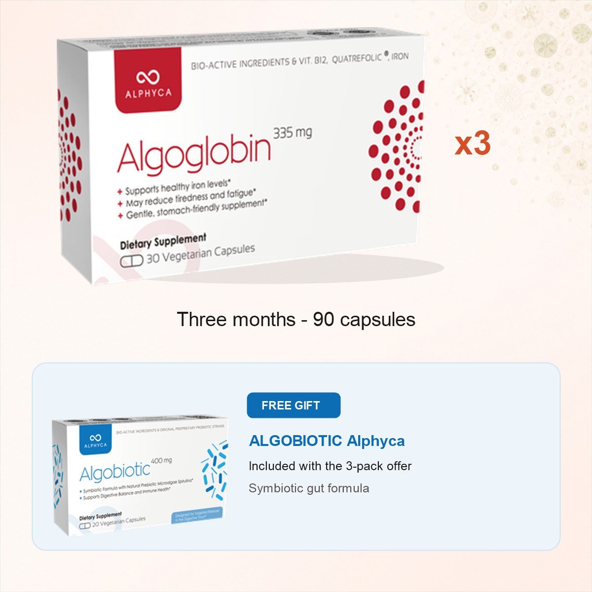 Three packs of ALGOGLOBIN Alphyca with a free ALGOBIOTIC gift